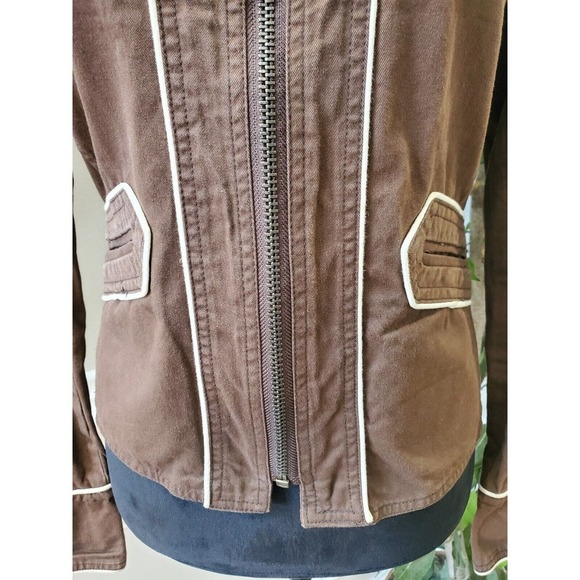 Women's Brown Canvas 100% Cotton White Edging Trims Full Zip Jacket Size Medium - Picture 3 of 14